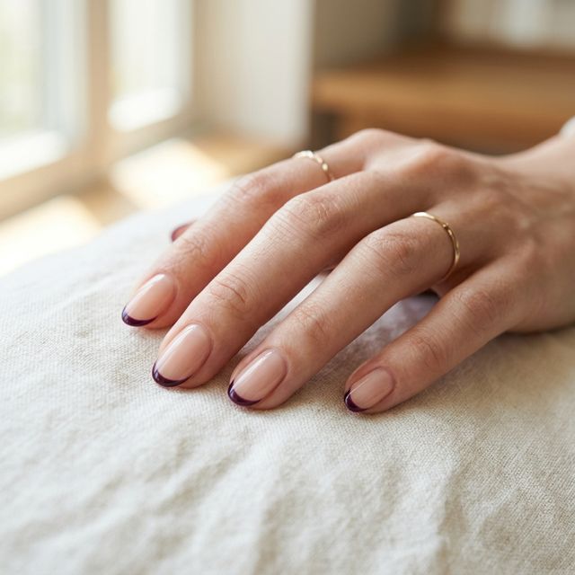 プラム色の細いフレンチネイル